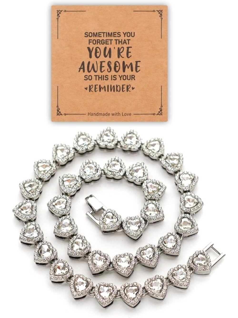 Iced Out Rhinestone Heart Tennis Necklace for Women - Silver Jewelry Statement